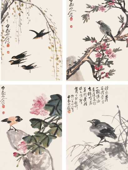 王震 丁卯（1927年）作 花鸟 四屏